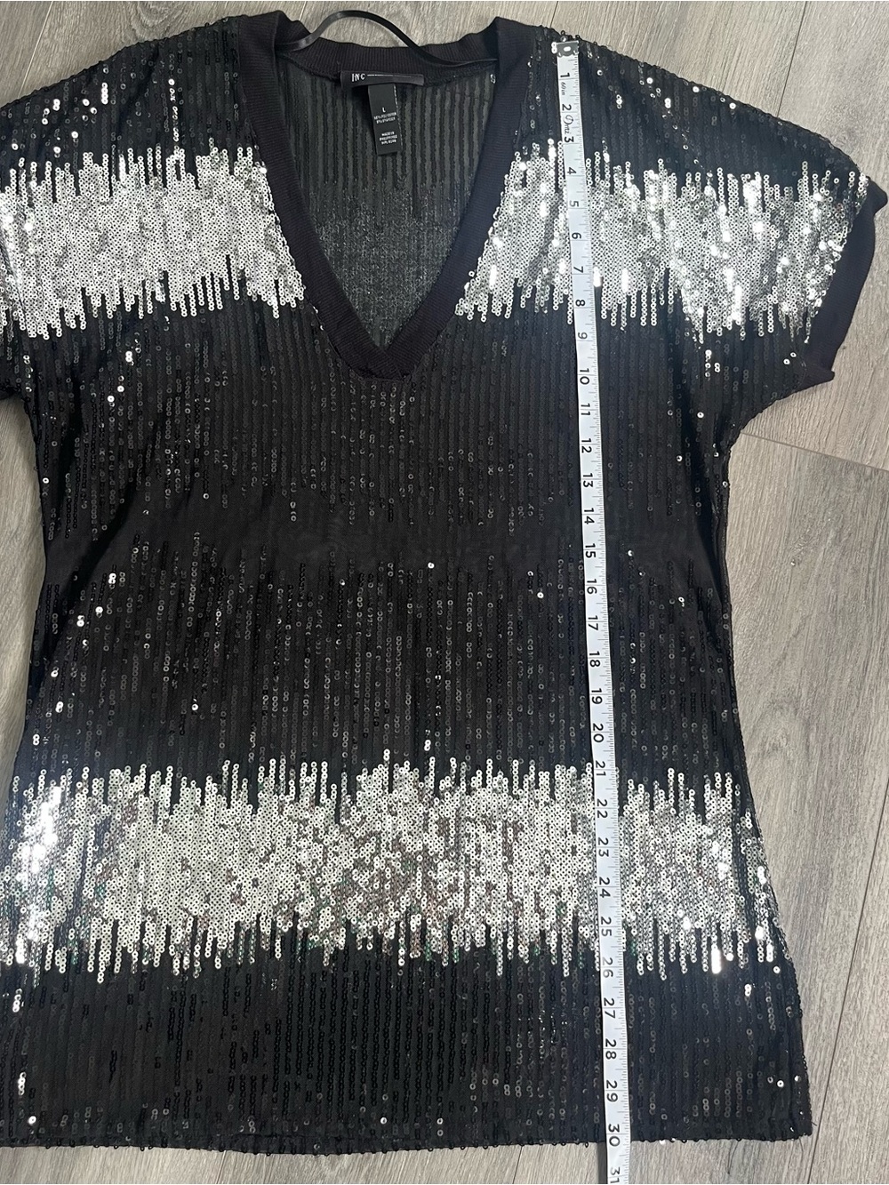 INC International Concepts Black Silver Sequin V-Neck Top Large - Picture 8 of 10